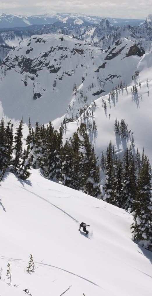 Snowboarding into Crystal Lakes Basin in the Crystal Ski Resort Backcountry