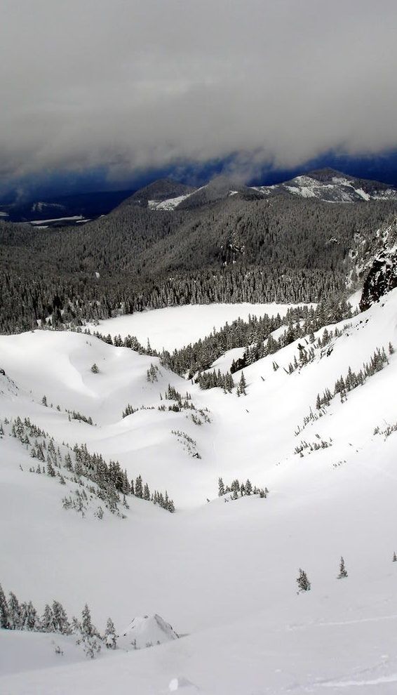 Ski touring around Mowich Lake in Mount Rainier National Park