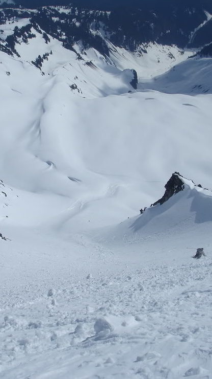 Skiing down the Nisqually chute in Mount Rainier National Park