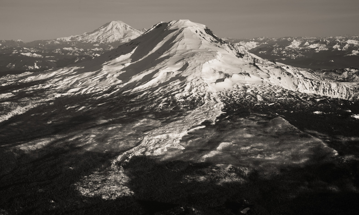 A scenic flight over the Cascades with a view of the South Side of Mount Adams