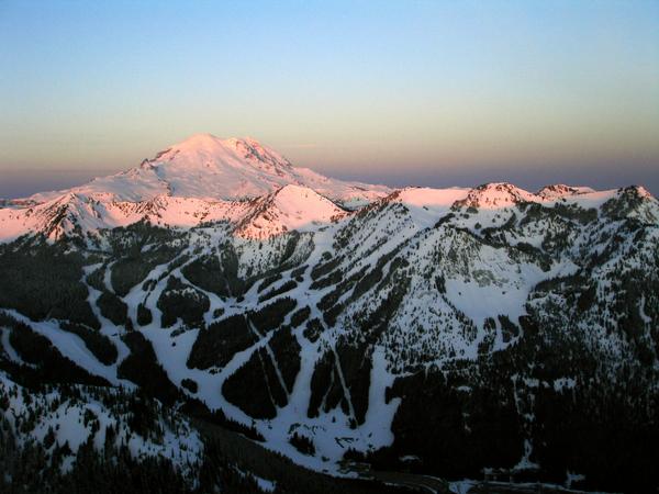 Crystal Mountain and Mount Rainier basking in the early morning alpenglow