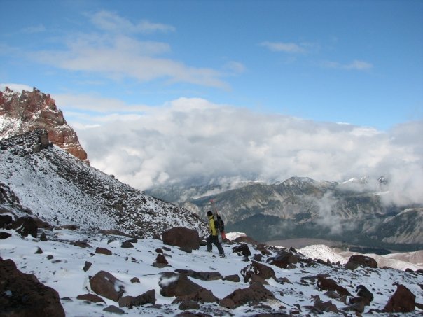 Hiking after the first snowfall in Spray Park in Mount Rainier National Park