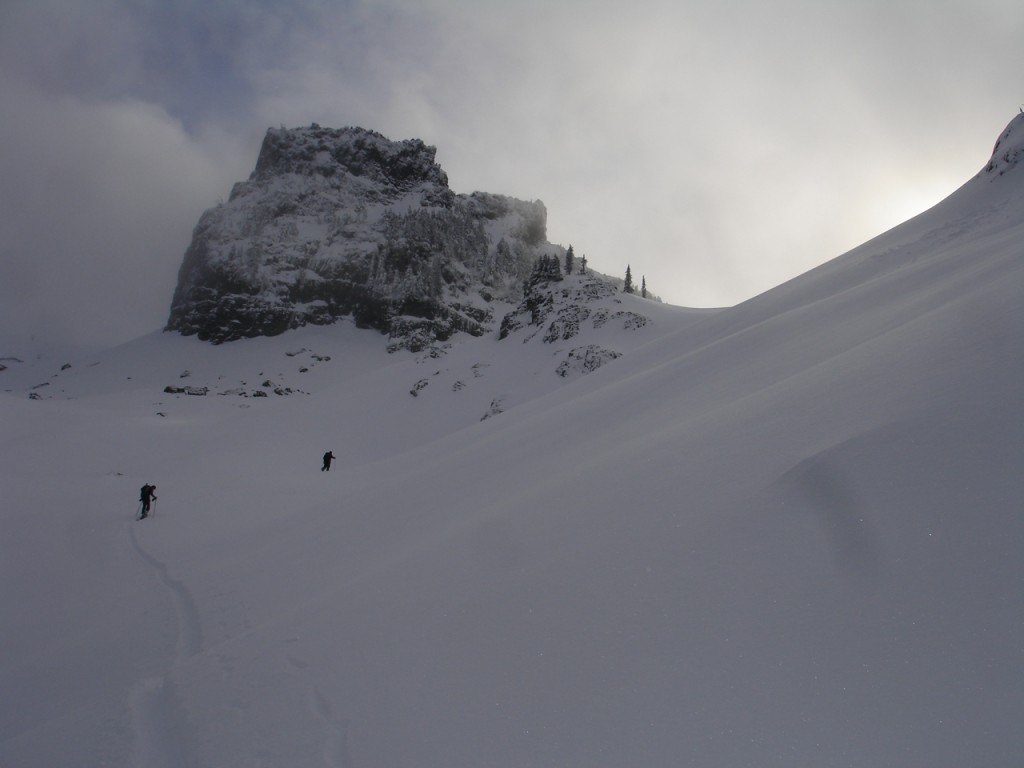 Skinning in another world with Castle Mountains north face in the background.