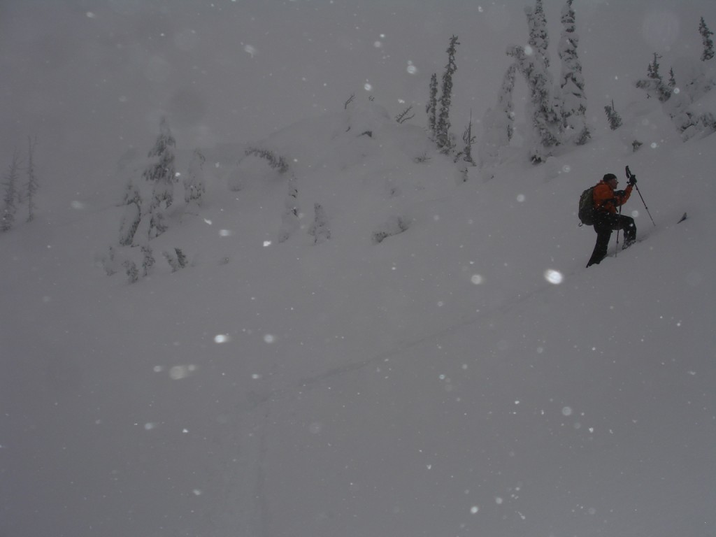 John gaining the high point in Silver Basin in the Crystal Mountain Backcountry