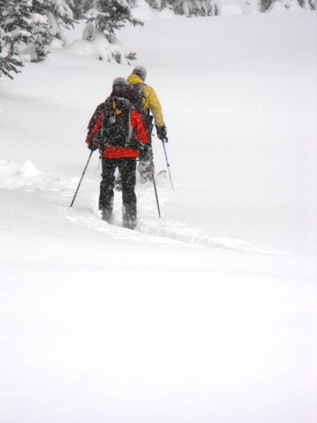 Breaking trail while ski touring up East Peak in the Crystal Mountain Backcountry