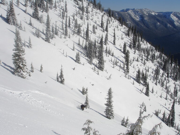 Dan skiing down the open slopes of Crown Point off the south slopes