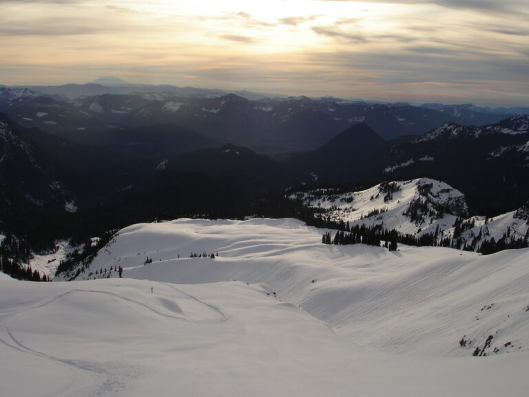 Last turns in the open slopes of Van Trump Park before heading back to the forest