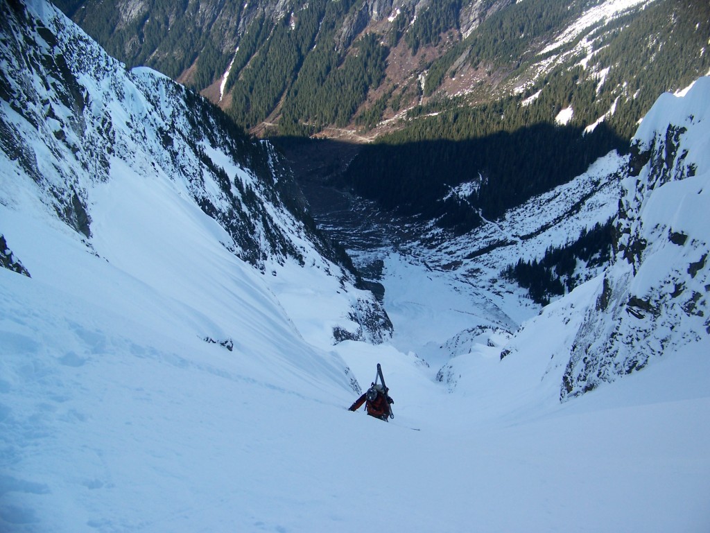 Our final steps up the CJ Couloir on Johannesburg Mountain with Cascade Pass and the Cascade River Road below