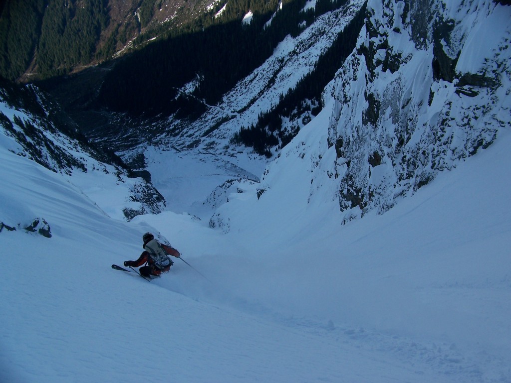 Finding great snow while skiing down the CJ Couloir on Johannesburg Mountain