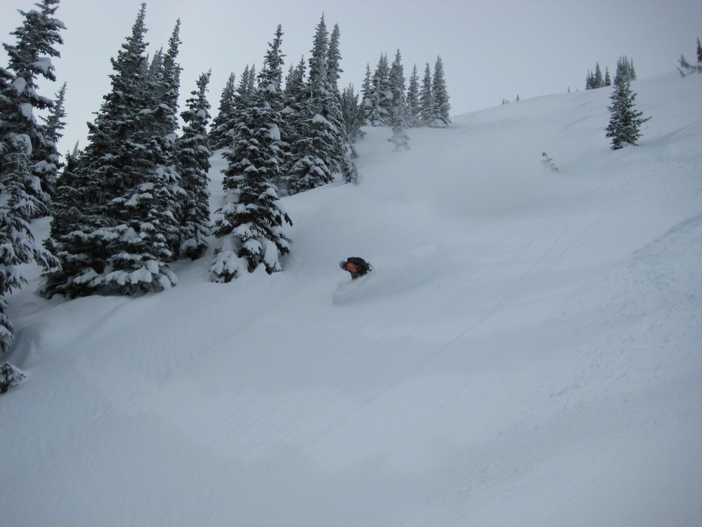 Powder turns in the Crystal Mountain backcountry near Cement Basin, Lake Basin and East Peak