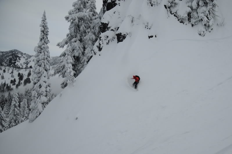 Hitting up a high bank off the Dog Leg chute on our way back to Crystal Mountain ski resort