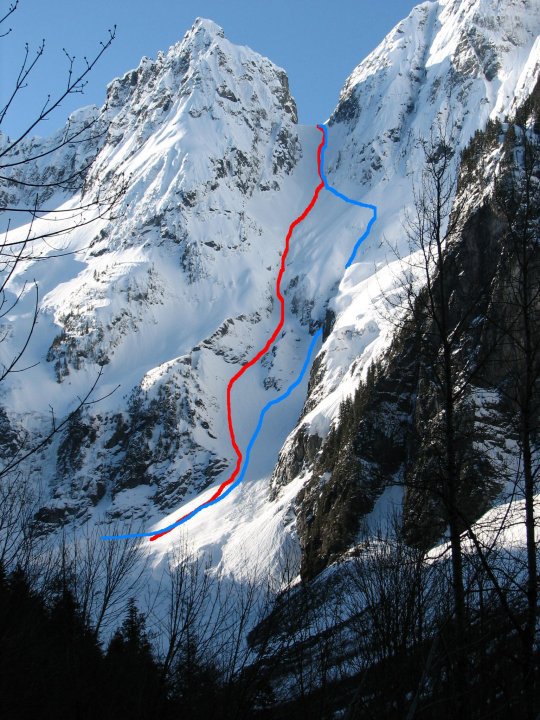 Looking at our ascent and descent route on the CJ Couloir