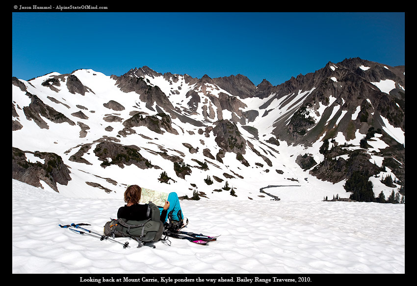 Looking back at Mount Carrie while taking a break on the Bailey Range Traverse