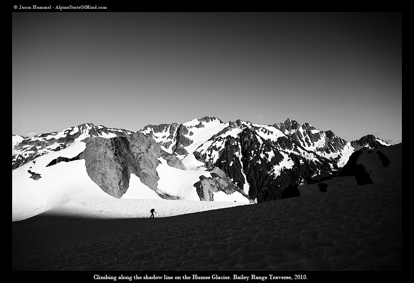 Ski touring up the Humes Glacier while on the Bailey Range Traverse