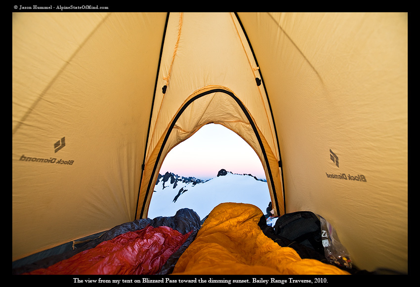 Enjoying the view from our tent while on the Bailey Range Traverse