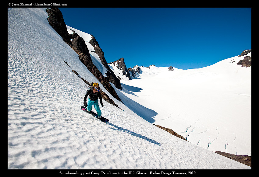 Snowboarding down to the Hoh Glacier on the Bailey Range Traverse