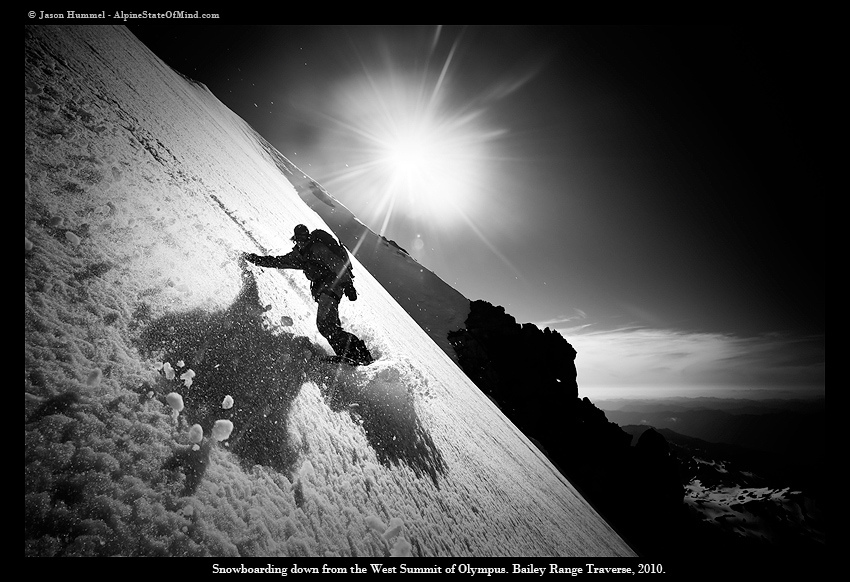 Snowboarding off the West summit of Mount Olympus in the Olympic Mountains of Washington State