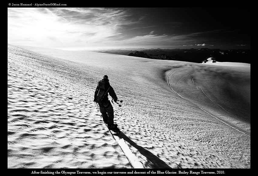 Traversing the Blue Glacier on my snowboard after finishing the Bailey Range Traverse