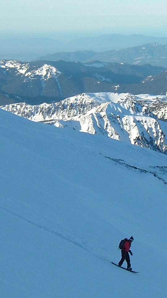 Snowboarding down the Interglacier in Mount Rainier National Park