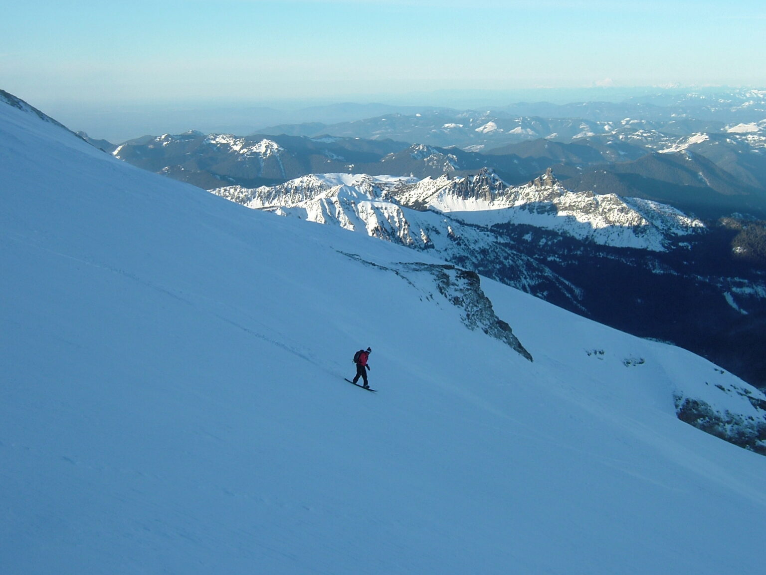 Snowboarding down the Interglacier in Mount Rainier National Park