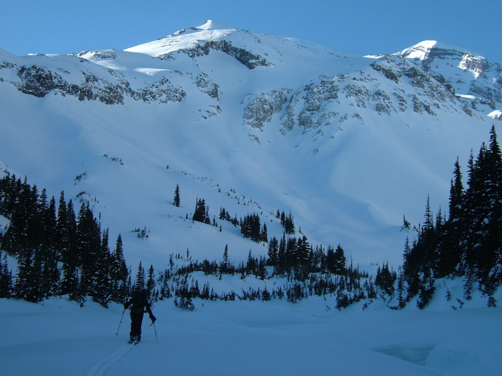skinning into Glacier Basin with the NE face of Mt. Ruth in the distance