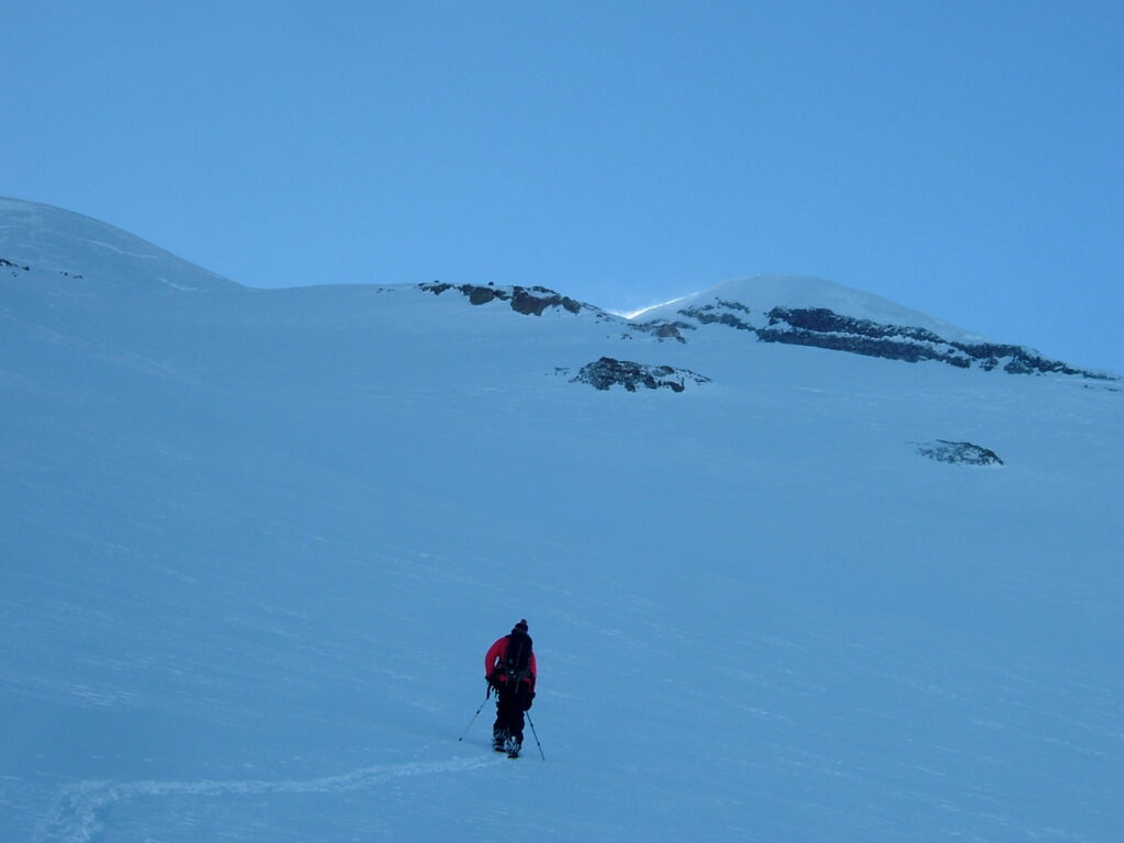 Breaking trail up the Interglacier on Mount Rainier
