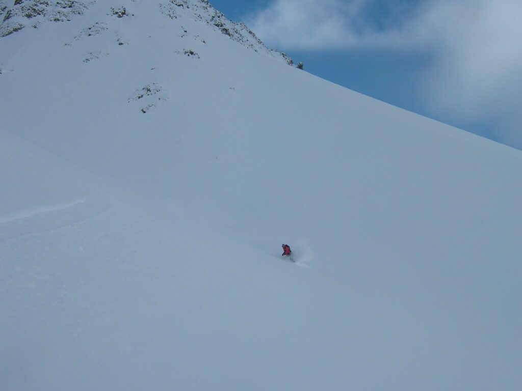 Enjoying powder on the lower apron