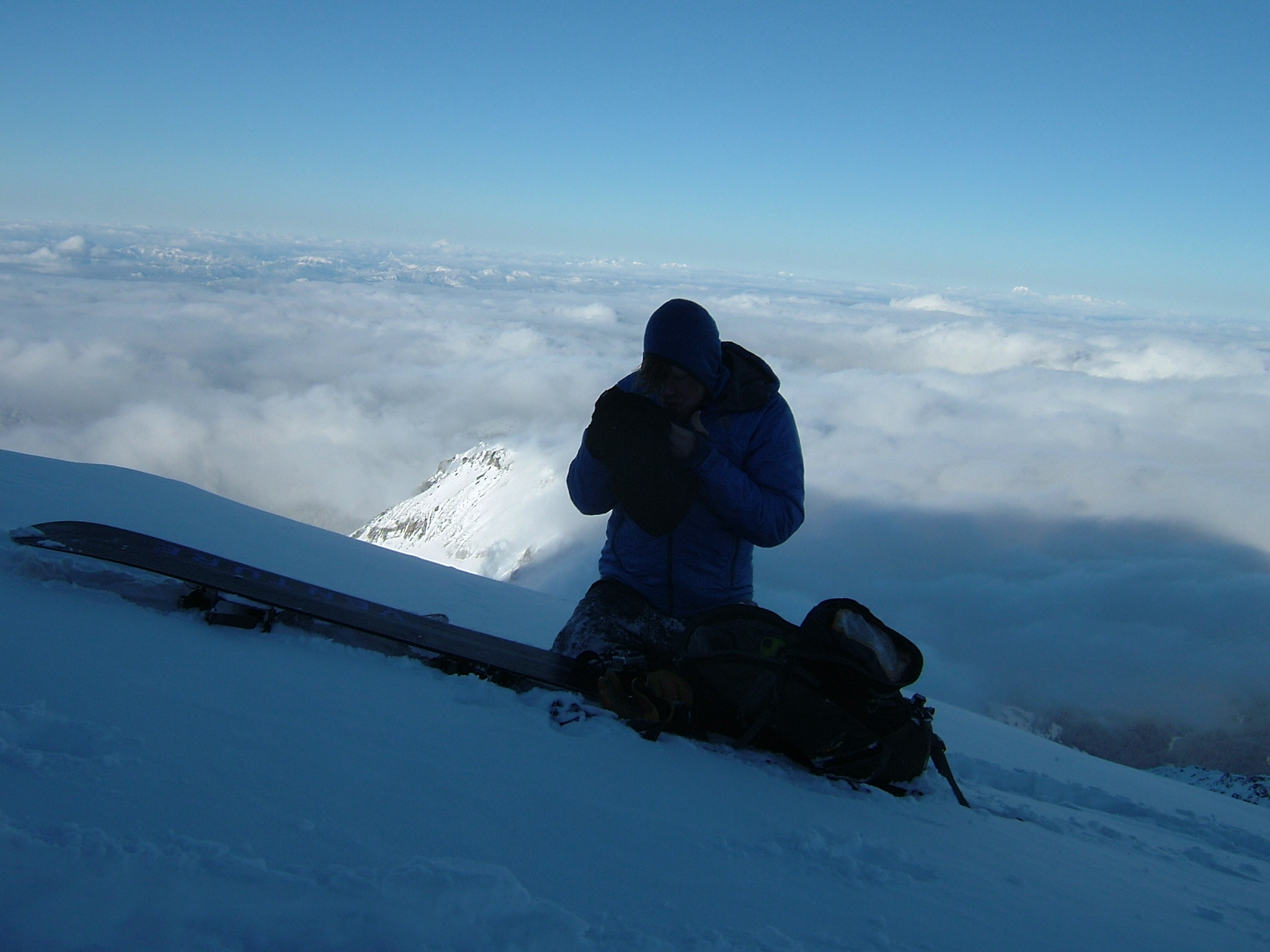 On Steamboat Prow preparing to do some snowboarding on the Interglacier in early spring