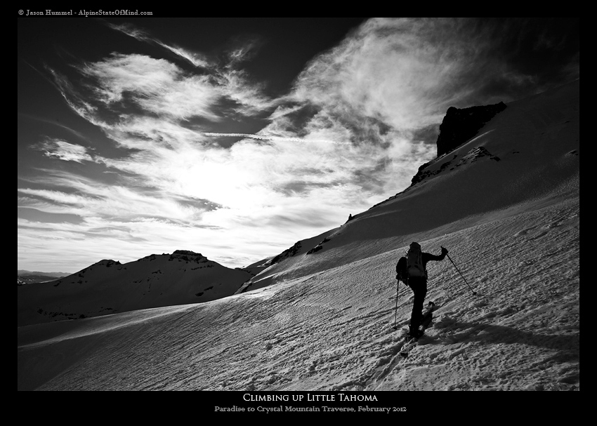 Heading up to Whitman Crest on a ski traverse from Paradise to Crystal Mountain Ski in Mount Rainier National Park