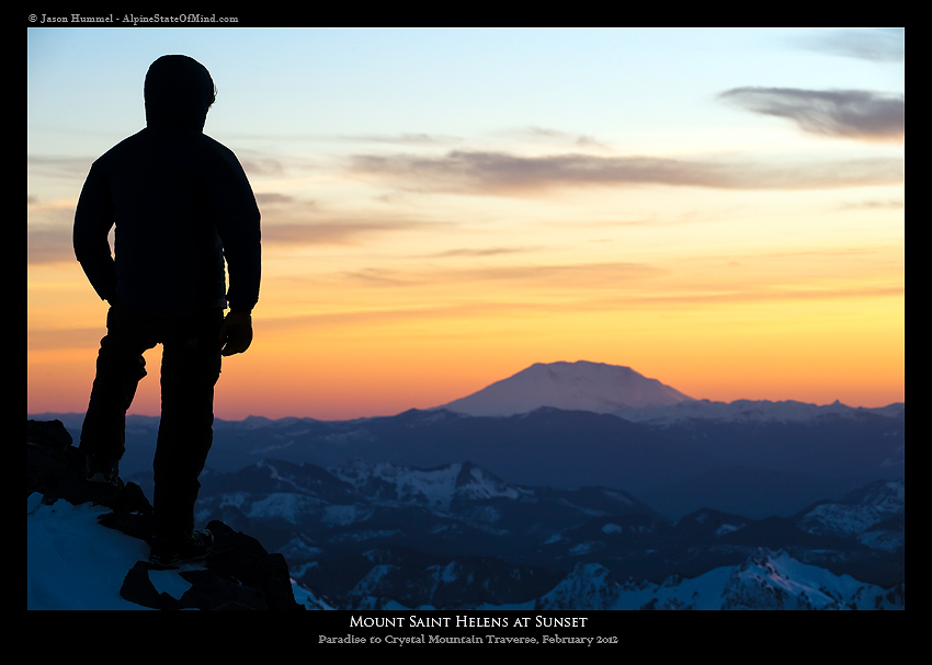 Sunset over Mount Saint Helens on a ski traverse from Paradise to Crystal Mountain Ski in Mount Rainier National Park