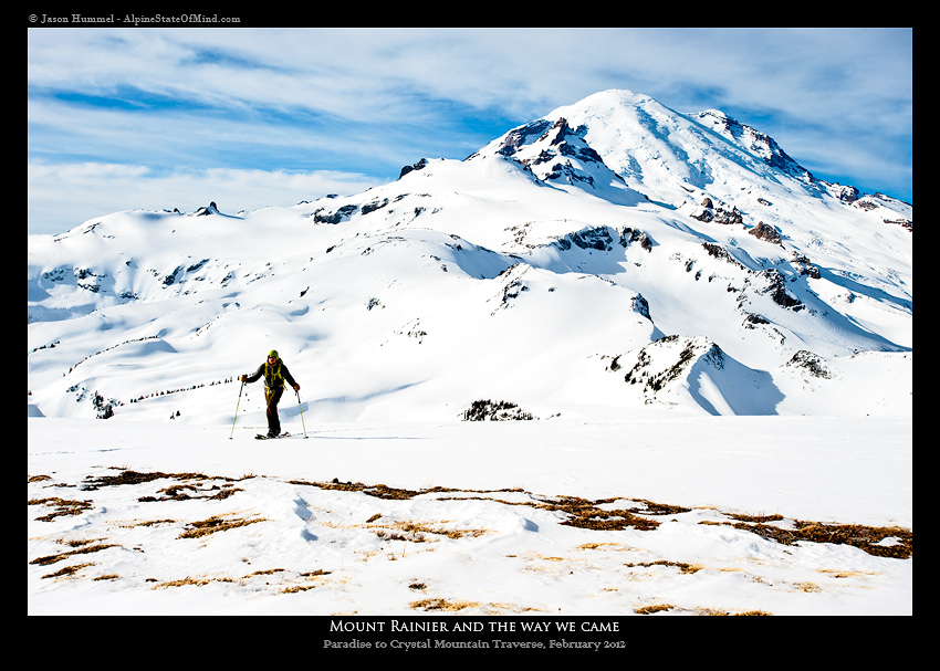 Heading up Fryingpan Gap on a ski traverse from Paradise to Crystal Mountain Ski in Mount Rainier National Park