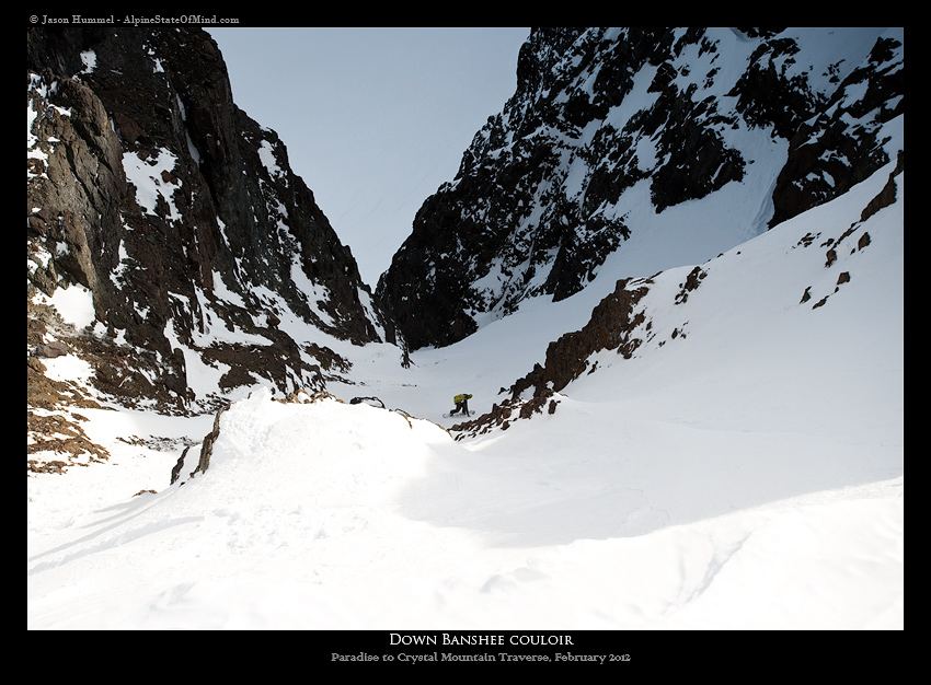 Dropping off the sumit of Bansee Peak on a ski traverse from Paradise to Crystal Mountain Ski in Mount Rainier National Park