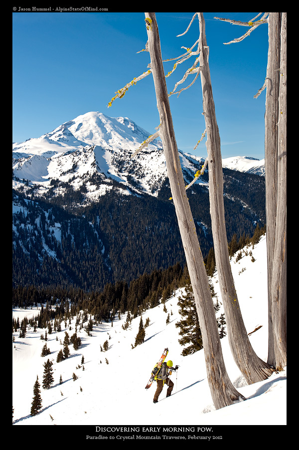 Hiking up Chinook Pass on a ski traverse from Paradise to Crystal Mountain Ski in Mount Rainier National Park