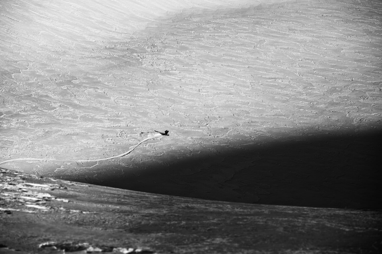 Snowboarding down the Whitman Glacier while doing a mid winter ski traverse from Paradise on Mount Rainier to Crystal Mountain