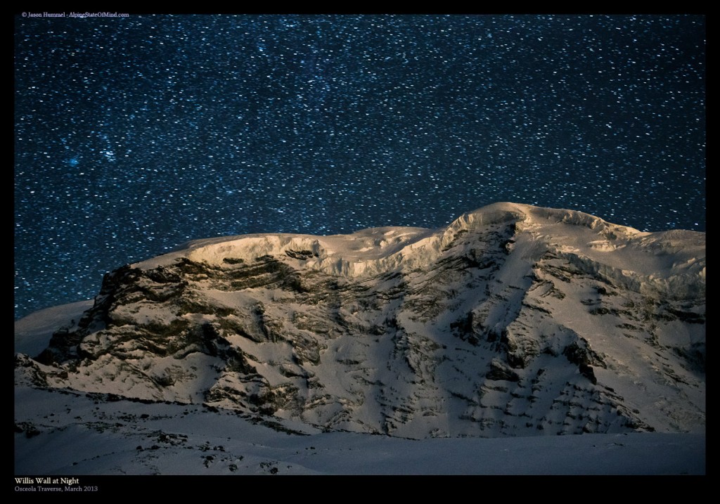 Night shot of the Willis Wall in Mount Rainier National Park