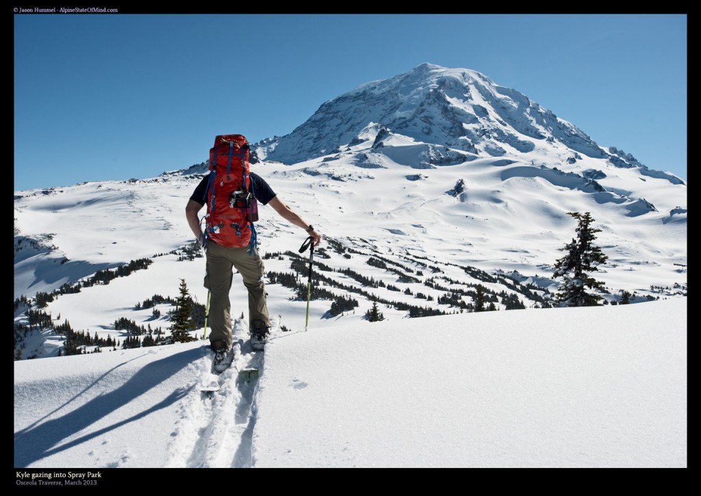 Ski touring into Spray Park and enjoying the view of Mount Rainier in winter during the Osceola Traverse