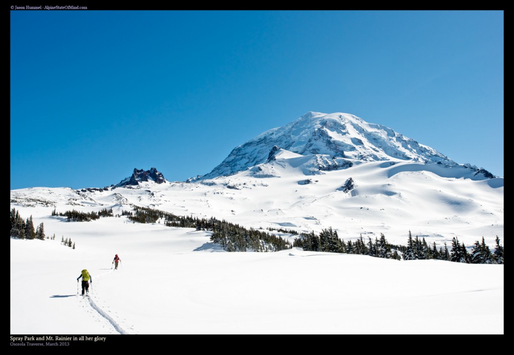 Ski touring up Spray Park in Mount Rainier National Park during the Osceola Traverse