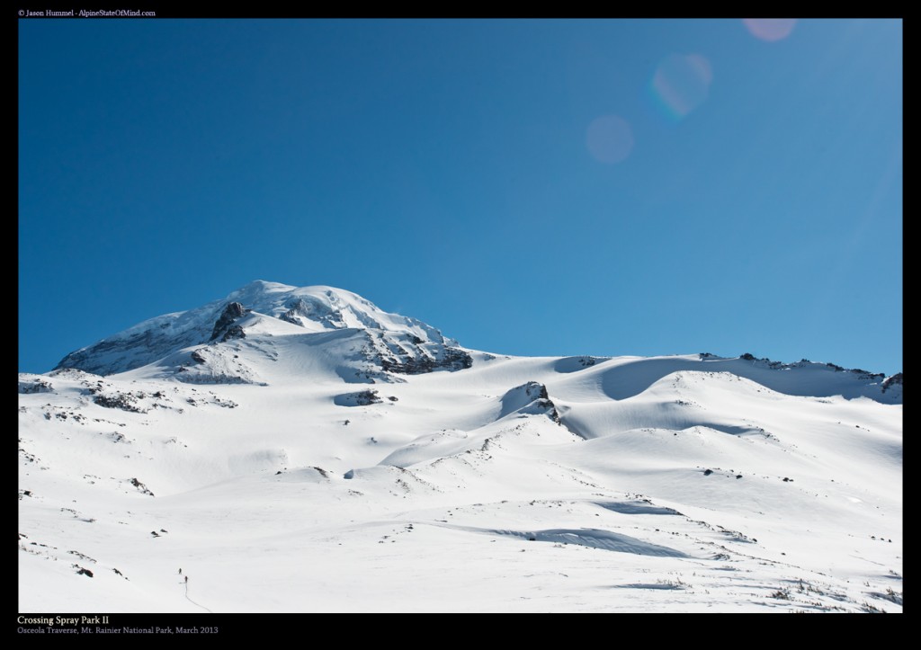 Looking up Spray Park in a winter snowpack in Mount Rainier National Park