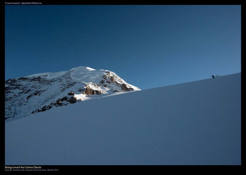 Snowboarding down to the Carbon Glacier in Mount Rainier National Park