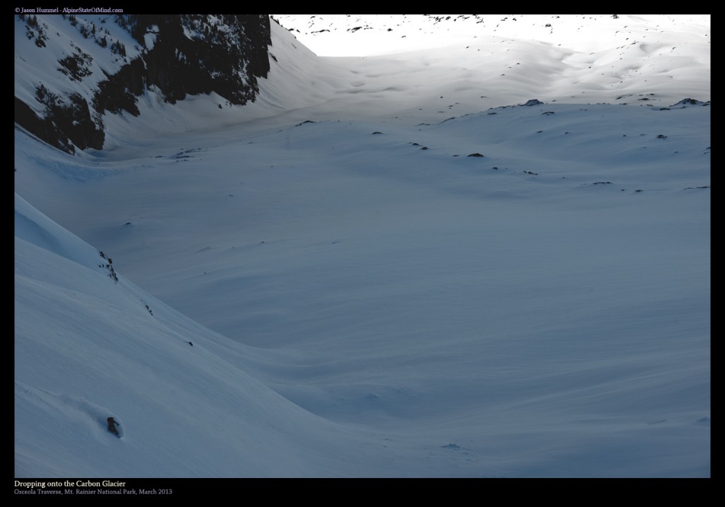 Backcountry Snowboarding to the Carbon Glacier in Mount Rainier National Park on day 2 of the Osceola Traverse 