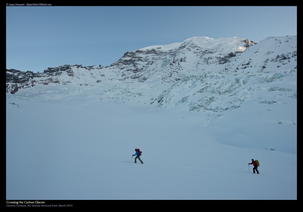 Ski touring across the Carbon Glacier in Mount Rainier National Park