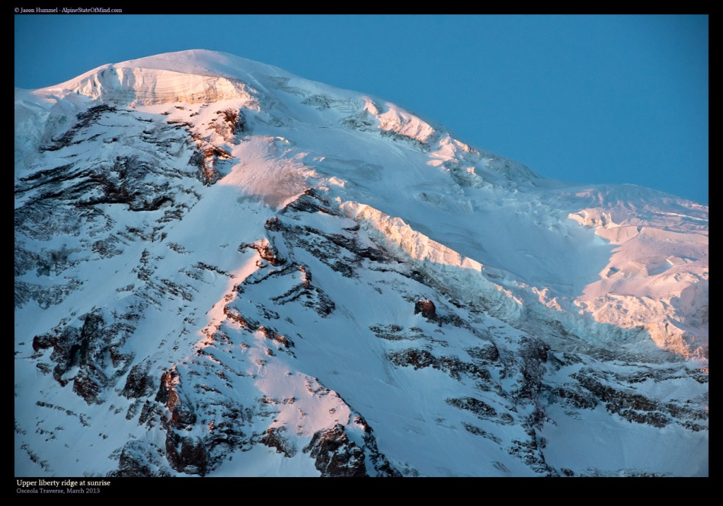 Morning alpinglow on Liberty Ridge in Mount Rainier National Park