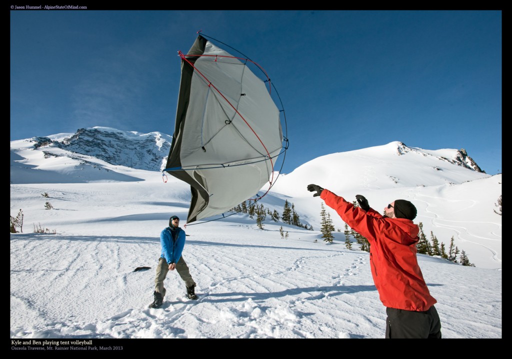 Enjoying putting our gear back in our backpacks in Mount Rainier National Park during the Osceola Traverse