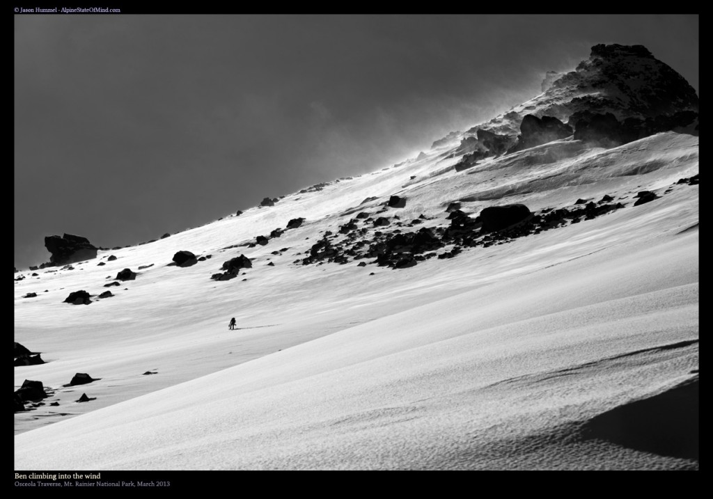 Ski touring up Curtis Ridge as the wind scours the slopes