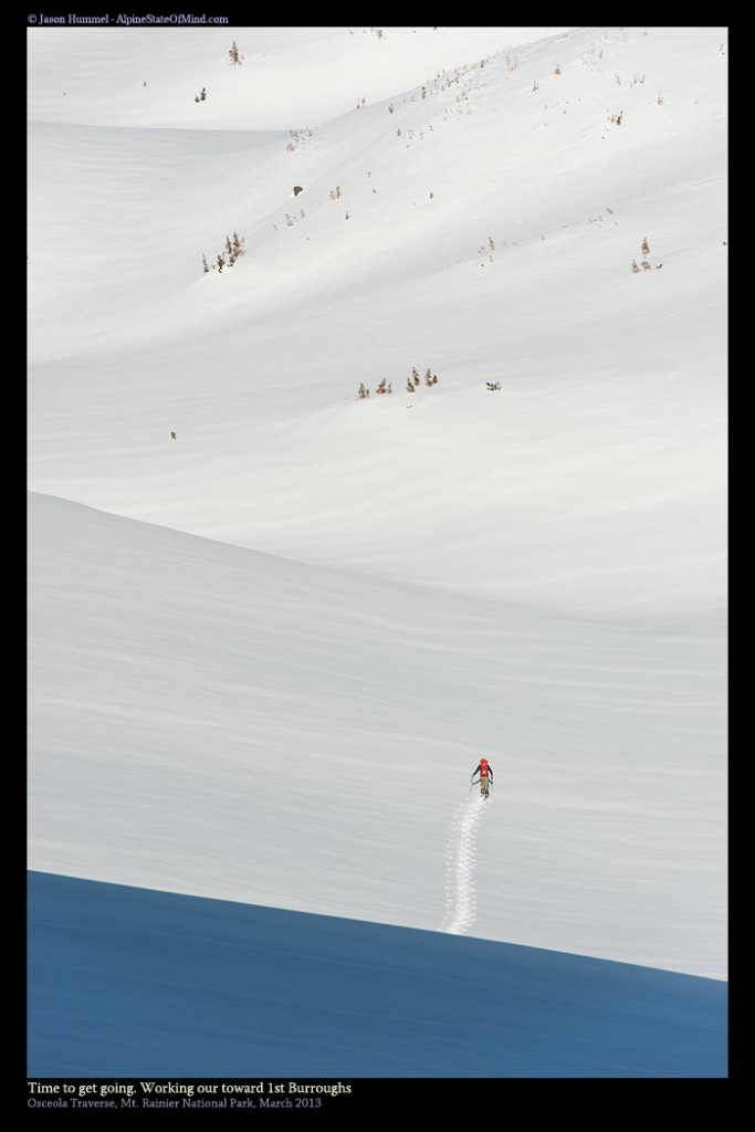 Ski touring towards Sunrise in Mount Rainier National Park