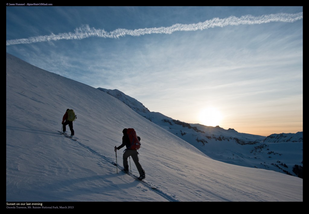 Ski touring to sunrise in Mount Rainier National Park