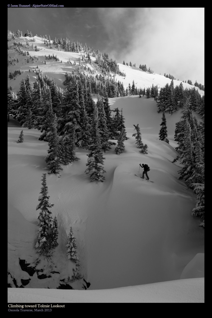 Ski touring up to Tolmie Peak in Mount Rainier National Park