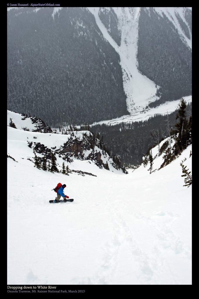 Snowboarding down to the White River campground in Mount Rainier National Park during the Osceola Traverse
