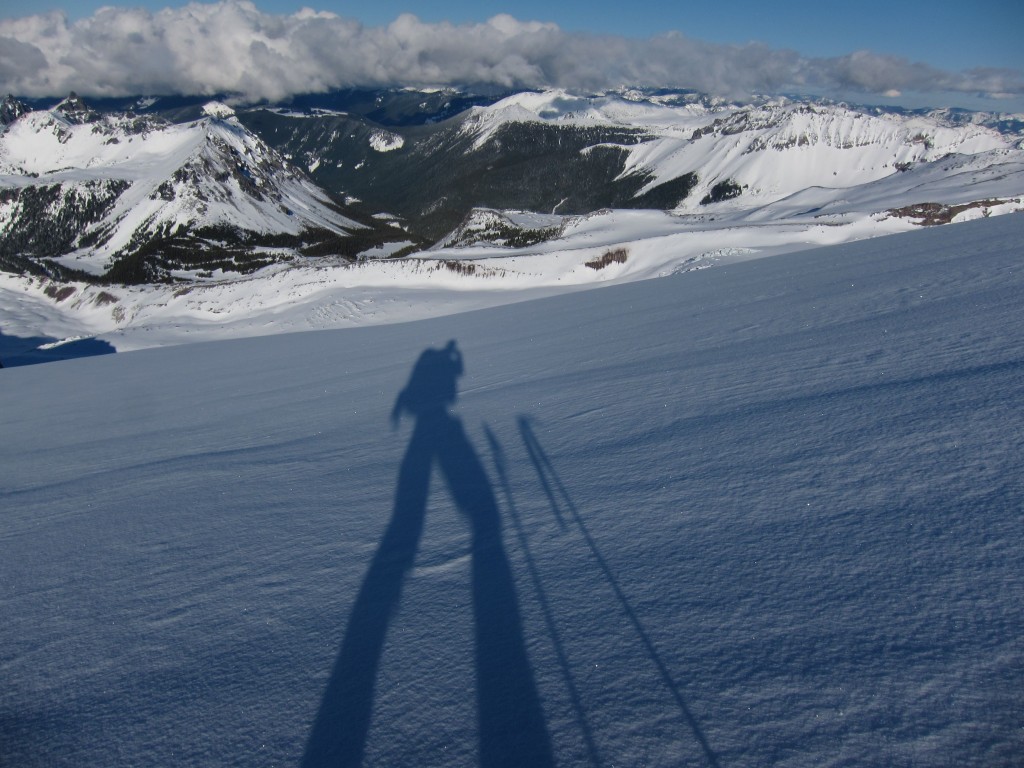 Looking down the Russel glacier towards the Carbon and it is all pow in Mount Rainier National Park during the Osceola Traverse