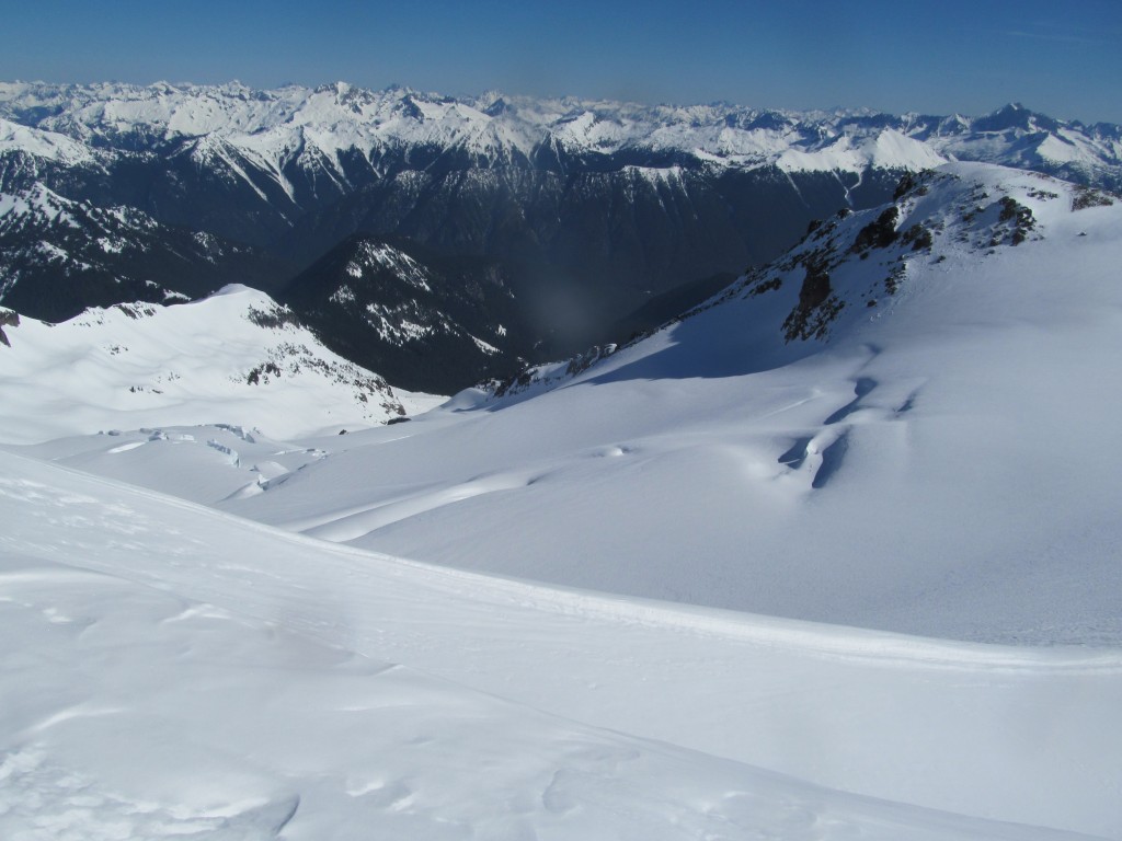 Looking down the Ermie Glacier with a few inches of stable powder